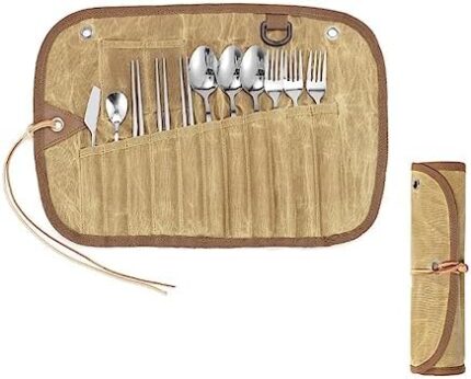 12pcs Camping Tableware Storage Bag Set Cutlery Organizer Roll Holder Canvas Spoon Chopsticks Fork BBQ Picnic Carry Case Pouch