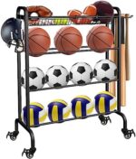 Ardier Ball Rack Organizer with Wheels, 4Tier-Rolling Basketball Racks Holder for Balls, Sports Equipment Storage Stand Organizer for Basketball, Football, Soccer and Volleyball, Black