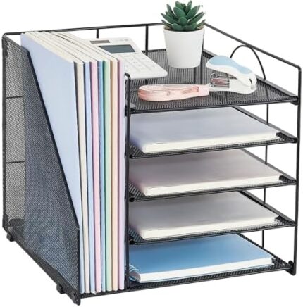 LEKETREE Desk Organizers and Accessories, 5-Tier Paper Letter Tray Organizer with File Holder, Desktop Organizer for Office Supplies, Office Desk Accessories & Workspace(Black)