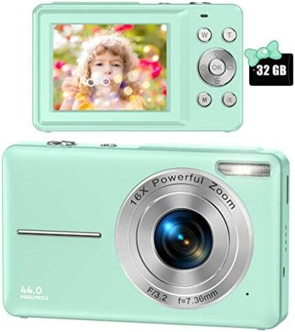 Digital Camera, FHD 1080P Digital Camera for Kids Video Camera with 32GB SD Card 16X Digital Zoom, Compact Point and Shoot Camera Portable Small Camera for Teens Students Boys Girls Seniors(Green)