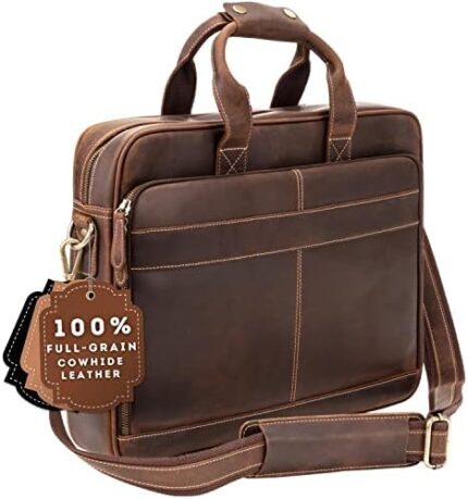 Luxorro Full Grain Leather Briefcase for Men, Top Choice Gifts for Men, Handcrafted Leather Laptop Bag with Multiple Compartments and Brass Hardware, Fits 15.6 Inch Laptop