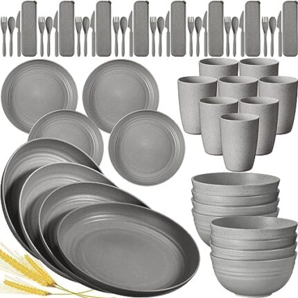 Bokon 56 Pcs Wheat Straw Dinnerware Sets Plastic Dishes Set Unbreakable Dinnerware Set Reusable Lightweight RV Camping Bowls Dishes Plates Cups Set Microwave Safe Dinnerware for Kitchen Indoor (Gray)