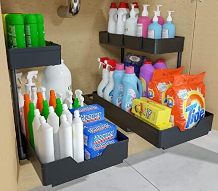 2-Tier Under Sink Organizers and Storage 2 Pack Sliding L-shape Under Bathroom Kitchen Cabinet Organizers Narrow Space Storage Multi-purpose Sink Organizer for Bathroom Kitchen Drawer(Black 2 Pack)