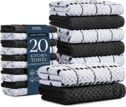 20-Piece Kitchen Towels And Dishcloths Sets - 100% Cotton Terry Dish Towels For Kitchen - Absorbent & Quick Drying Hand Towels- Super Soft & Scretch Free - 10 Towels 15"x25" + 10 Dish Cloths 12"x12"