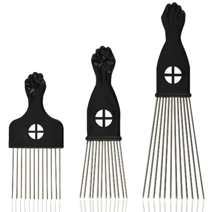 3-Piece Metal Afro Hair Pick Set, Fist Design Wide-Tooth Combs for Men & Women, Perfect for Natural Curly Afro Hair, Essential Hairdressing Styling Tool for Hair Care and Styling.