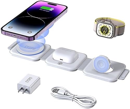 3 in 1 Portable Magnetic Wireless Charger, Fast Charging Travel 3 in 1 Portable Magnetic Wireless Charger, Fast Charging Travel Wireless Charging Station, Foldable Wireless Charging Stand for iPhone 14/13/12 Series, AirPods Pro/3/2, Apple Watch(Adapter Included)
