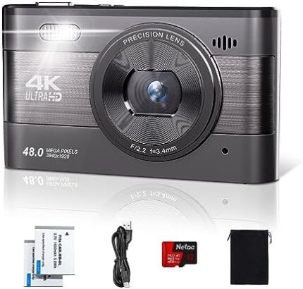 4K Digital Camera for Photography, 48MP Vlogging Camera with SD Card, 3'' IPS Screen Compact Camera with Flash, 18X Digital Zoom Travel Camera (2 Batteries)