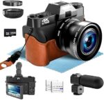 4K Digital Camera for Photography with External Adjustable Microphone, 48MP Vlogging Camera for YouTube and Video, 52mm Wide Angle & Macro Lens, with 180° Flip Screen,18X Digital Zoom, 2 Batteries, 32