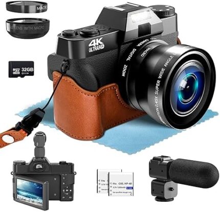 4K Digital Camera for Photography with External Adjustable Microphone, 48MP Vlogging Camera for YouTube and Video, 52mm Wide Angle & Macro Lens, with 180° Flip Screen,18X Digital Zoom, 2 Batteries, 32