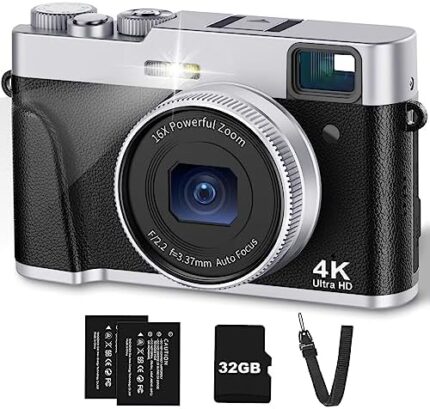 4K Digital Camera with Viewfinder & Flash, Autofocus 48MP Cameras for Photography Vlogging Camera for Adults Teens Compact Travel Camera with Classic Dial, Time Lapse, Selfie, 16X Zoom, 32GB SD Card