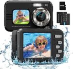 4K Waterproof Camera Underwater Camera 64GB Card Included Dual Screens Selfie 48MP 16X Digital Zoom Digital Camera Fill Light 11FT Underwater Camera for Snorkeling Kids with 2 Batteries