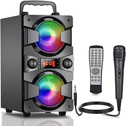 60W Bluetooth Speakers Portable Wireless Speaker with Double Subwoofer Heavy Bass, FM Radio, Microphone, Lights, Remote, EQ, Loud Stereo Sound System Speaker for Home Outdoor Party Camping Gifts(1MIC)