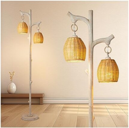 65" High Farmhouse Rustic Country Cottage Floor Lamp Tree Trunk Faux Wood Column White Washed Wicker Drum Shade Decor for Living Room Bedroom Reading Room