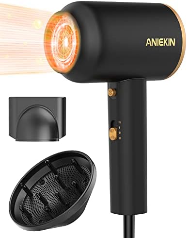 ANIEKIN Hair Blow Dryer 1875W with Diffuser, Travel Ionic Hair Dryer, Constant Temperature Hair Care Without Damaging Hair, Black