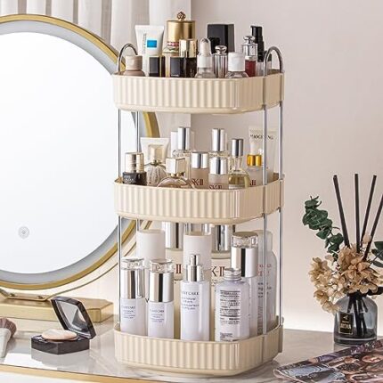 ASTOLOV 360 Rotating Makeup Organizer Perfume Organizer Skincare Organizers Large Capacity, make up organizers and storage Cosmetics Organizer Countertop (White, 3Tier)