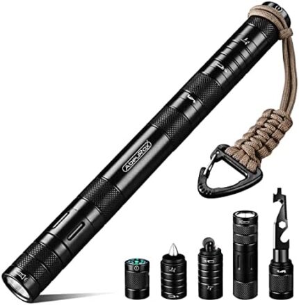 AbeuRox 6-in-1 Multitool, Flashlight Multi-tool Kits with Rechargeable Flashlight, Lighter, Glass Breaker, Compass, Paracord, EDC Survival Gadget, Camping Gear, Cool Gifts for Men Women (Black)