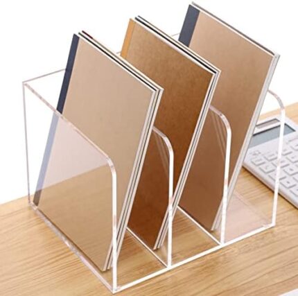 Acrylic Magazine Holder Desk Organizer Workspace Sorters，Clear Bookend File Sorter Holder，Folder Rack, Office Accessories Organization Storage with 3 Vertical Compartments