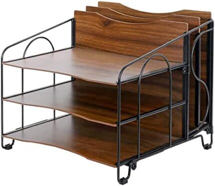Aimeaihe Wood File Organizer, Metal Desk File Organizer with 3 Paper Letter Trays and 2 Vertical Upright Folder Holders, Desk Organizers and Accessories for Office Home School, Black