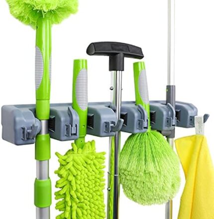 Amazon Basics Broom Holder Wall Mount and Garden Tool Organizer, 6 Hook, Gray, 2.44 x 15.94 x 3.34-inch