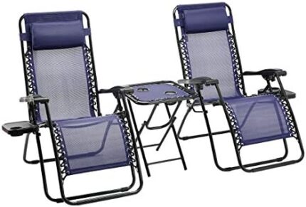 Amazon Basics Outdoor Textilene Adjustable Zero Gravity Folding Reclining 3-Piece Lounge Chair Set with Side Table, Blue, pack of 2