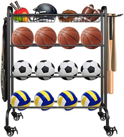 Artibear Basketball Racks Holder for Balls with Wheels, Rolling Metal Sports Equipment Storage Stand Organizer with Baskets and Hooks for Basketballs Footballs Volleyball, Black