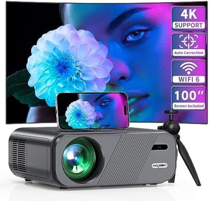 [Auto Correction] Projector with WiFi 6 and Bluetooth 5.1, 600 ANSI 18000L 1080P, 4K Portable Projector, Auto 6D Keystone 50% Zoom, 450 '' Home Outdoor Movie Projector for PC TV Stick, iOS, Android