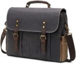 BOVIP 15.6 inches Vintage Mens Messenger Bag Water Resistant Genuine Leather Canvas Satchel Shoulder Bag Briefcase Laptop Bag with USB Charging,Headset Port,Dark Gray