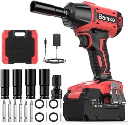 Bamse Cordless Impact Wrench, Brushless Power Impact Gun 21V, 1/2'', 4.0Ah Battery, 3200RPM & Max Torque 517 Ft-lbs (700N.m) with 4 Impact Sockets, Electric Impact Driver for Car and Home