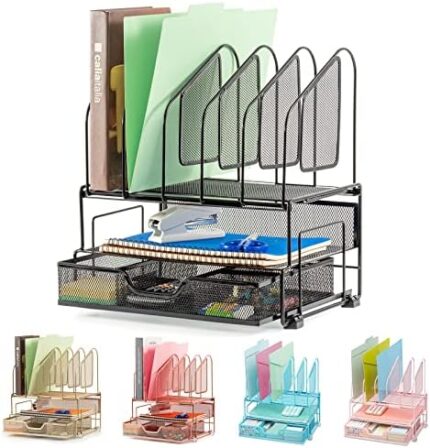 Beiz Desk Organizer and Accessories Storage with 5 Vertical File Folder Holders, 2 Paper Tray, Drawer for Office, Home, Dorm, Workspace to Collect Office Supplies (Black)