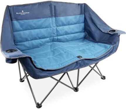 Black Sierra Doublewide Padded Camping Sofa, Camping Couch, Camping Loveseat, Comfortable Padded Heavy Duty Camp Chair, Beach Chari, Comes with Dual Cupholders and Carry Bag, Perfect for Patio or Deck