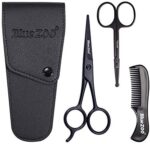 BlueZOO Beard Mustache Scissors and Comb Kit with PU Storage Bag, Rounded Safety Nose Hair Scissor for Men and Women Care Grooming, Ear Trimming Tool, Shears for Personal Grooming, Cutting & Styling