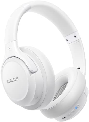 Bluetooth Headphones Over Ear,BERIBES 65H Playtime and 6 EQ Music Modes Wireless Headphones with Microphone,HiFi Stereo Foldable Lightweight Headset,Deep Bass for Home Office Cellphone PC Etc.(White)
