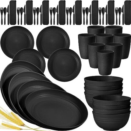 Bokon 56 Pcs Wheat Straw Dinnerware Sets Plastic Dishes Set Unbreakable Dinnerware Set Reusable Lightweight RV Camping Bowls Dishes Plates Cups Set Microwave Safe Dinnerware for Kitchen Indoor (Black)