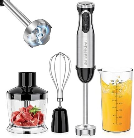 Bonsenkitchen Immersion Blender, 20 Variable Speeds & Turbo, 4-In-1 Stainless Steel Handheld Blender Stick Mixer with Egg Whisk, Beaker & Chopper Bowl