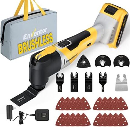 Brushless Oscillating Tool, ENVENTOR 20V Cordless Oscillating Multitool Kit with 2.0Ah Battery, Fast Charger, 6 Variable Speed, 4° Oscillation Angle, 28 pcs Accessories for Cutting, Scraping, Sanding