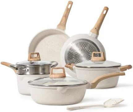 CAROTE Pots and Pans Set Nonstick, White Granite Induction Kitchen Cookware Sets, 10 Pcs Non Stick Cooking Set w/Frying Pans & Saucepans(PFOS, PFOA Free)