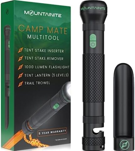 Camp Mate 5-in-1 Camping Tool - Tent Stake Inserter, Remover, Backpacking Trowel, Shovel, USB C Rechargeable 1000 Lumen Flashlight Lantern - Lightweight, Waterproof, Durable (Black with Green Buttons)