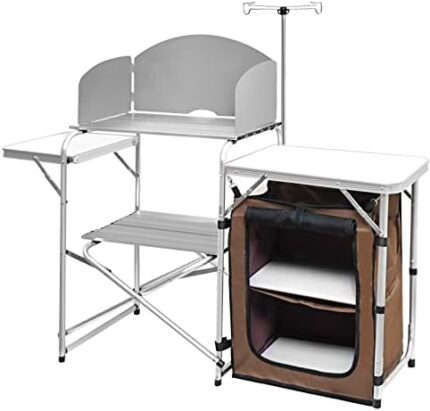 CampLand Folding Cooking Table Outdoor Portable Cook Station Aluminum Camping Kitchen with Storage Organizer, Windscreen, Hooks for BBQ, Party