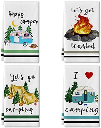 Camping Kitchen Towels Set of 4 Dish Towels Kitchen Hand Towels Kit Printed with Funny Sayings Novelty Gifts for Campers Happy Camper Camping Tent Pine Tree Farmhouse RV Decor Sign Home Decorations