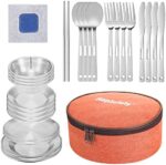 Camping Mess Kit, 28 Pcs Camping Accressories, Stainless Steel Camping Dishes Set Dinnerware for 4 Person Utensils Tableware with Plates, Bowl, Cutlery, Gloves, Rag,for Hiking Gear Picnic
