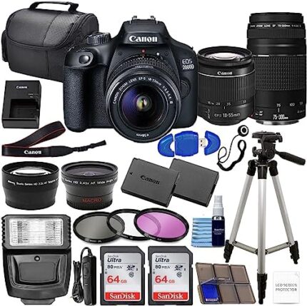 Canon EOS 2000D (Rebel T7) DSLR Camera w/Canon EF-S 18-55mm F/3.5-5.6 Zoom Lens + 75-300mm III Lens 4 Lens Kit with 2X 64GB Memory Cards, 3 Piece Filter Kit, Extra Battery, Case, Flash + Pro Bundle