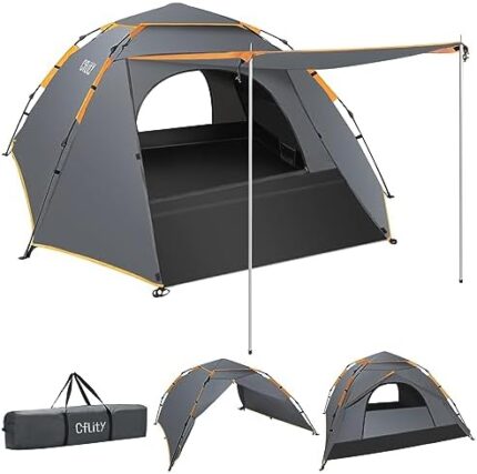 Cflity Tent for Camping, 2 3 Person Automatic Instant Pop Up Tent, Three Layer Waterproof 4 Season Camping Tents & Shelters with Extended Floor Mat Porch 2 Hall Poles Removable Rainfly Dome Tent