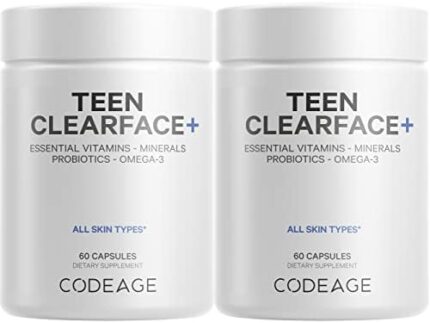 Codeage Teen Clearface Adolescent Face, Skin & Pimples, Vitamins A, C, D3, E, Pantothenic Acid, Niacin, Zinc Supplement Teenagers, Probiotics, L-Lysine, Omega-3, Oily Skin, Pores, Spots - 2 Pack