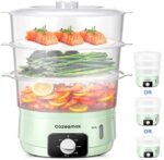 Cozeemax 13.7QT Electric Food Steamer for Cooking, 3 Tier Vegetable Steamer for Fast Simultaneous Cooking, 60 Minute Timer, BPA Free Baskets, 800W (Green)