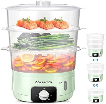 Cozeemax 13.7QT Electric Food Steamer for Cooking, 3 Tier Vegetable Steamer for Fast Simultaneous Cooking, 60 Minute Timer, BPA Free Baskets, 800W (Green)