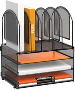 DALTACK Paper Desk Organizer, 3-Tier Letter Tray with 5 Vertical File Holders, Multifunction Desk Organizer, Desktop File Folder Organizer, Desk Organizers and Accessories for Home Office, Black