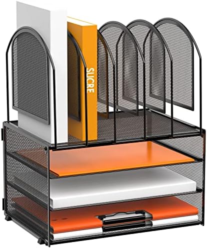 DALTACK Paper Desk Organizer, 3-Tier Letter Tray with 5 Vertical File Holders, Multifunction Desk Organizer, Desktop File Folder Organizer, Desk Organizers and Accessories for Home Office, Black