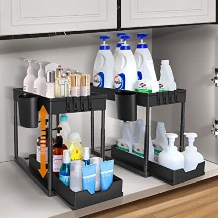 DOFIMATE 2 Pack Under Sink Organizers and Storage Bathroom Organizer,Cabinet Sink Organizers Adjustable Height, The Bathroom Cabinet Organizer Under Kitchen