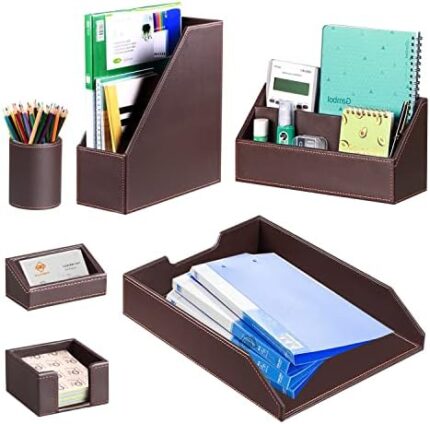 Desk Accessories and Workspace Organizers, 6 PCS Office Supplies Organization Set- Pencil Cup, Business Card Holder, Sticky Note Dispenser, Mail Sorter, Letter Tray, Files Holder, Desktop Caddy