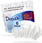 Drench! No Rinse Shampoo Caps - Waterless Shampoo and Conditioner Hair Wash Cap - Dry Hair Washing Aids with Aloe Vera and Vitamins - Pack of 6 Rinse Free No Water Shower Caps